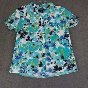 ERIKA WOMENS BLUE FLORAL "DOROTHY" SHORT SLEEVE BUTTON FRONT SHIRT SIZE SMALL